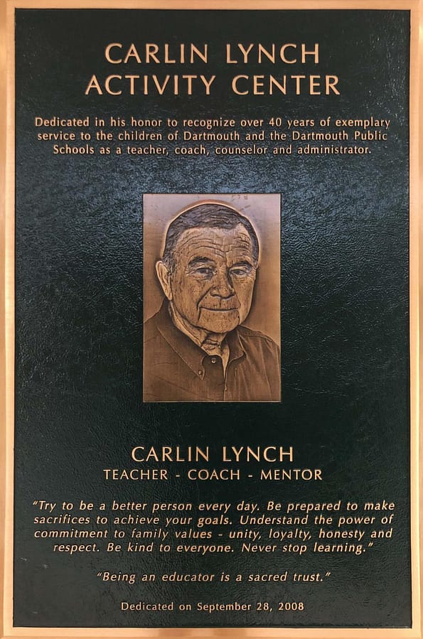 The plaque dedicating the DHS Athletic Center in Carlin Lynch's name.