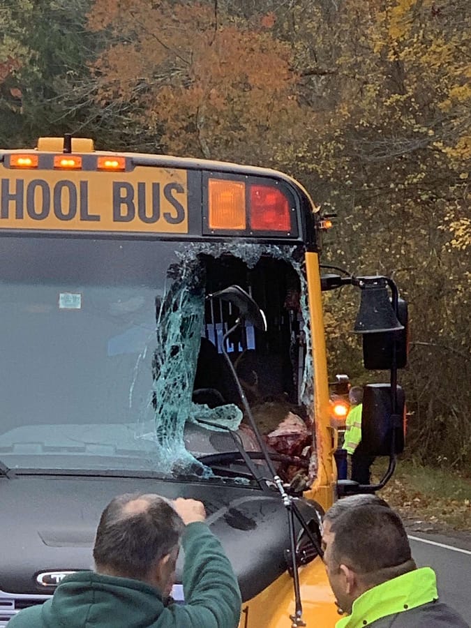 A direct view into the wreckage caused by a deer jumping through the window of a DHS bus. Bus driver Mark Jardin kept students safe throughout the experience.